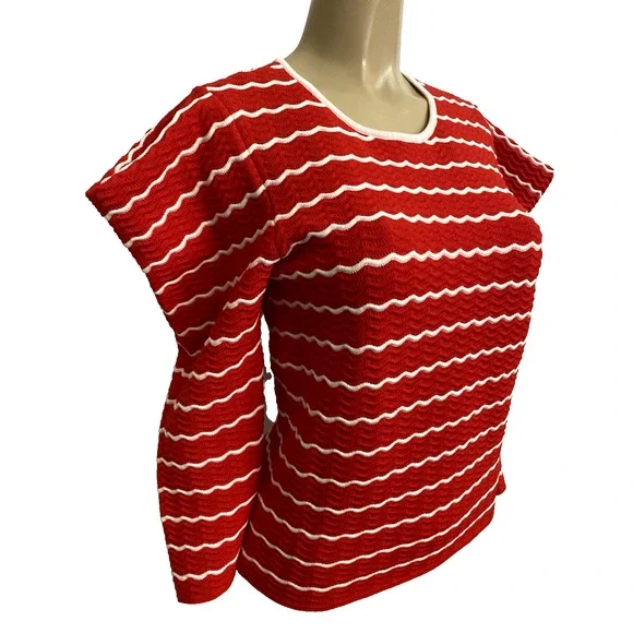 CAROLINA HERRERA Ruffled Striped Pointelle Knit Top Sweater Red White Round S